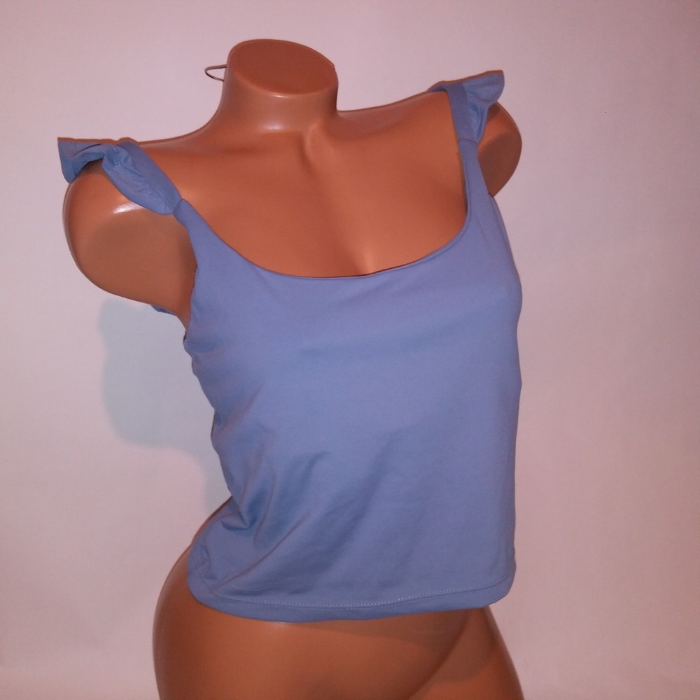 Blogilates Ruffle Strap Sports Bra Large Blue Solid Activewear Wireless